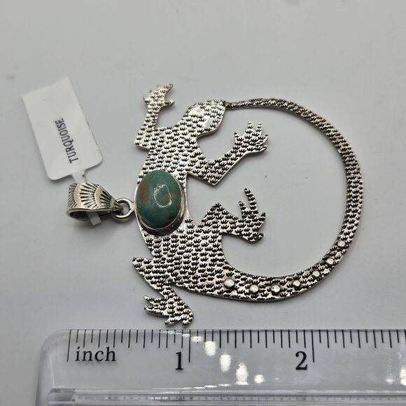 Stunning LARGE Natural Green Turquoise Lizard Gecko Pendant Sterling Silver 925 - Picture 9 of 10